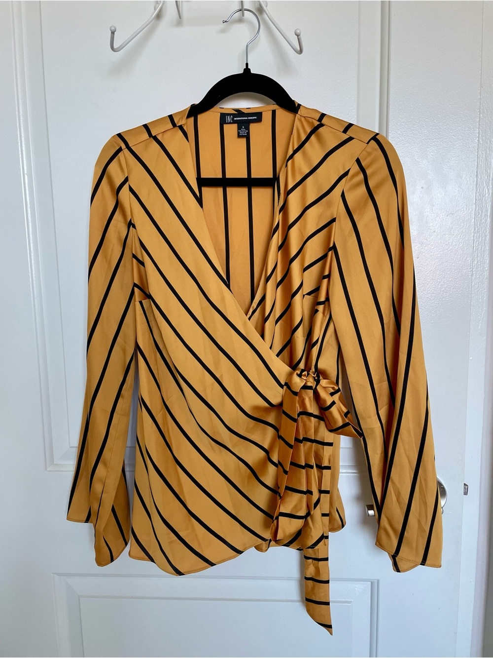 INC International Concepts Mustard Wrap Blouse with Black Stripes